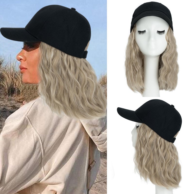 Snoilite Baseball Cap Wig with Hair Extensions 8 Short Curly Wavy Bob Hairstyle Adjustable Hat with Hair Attached for Women Synthetic Blonde Highlight Balayage Wavy Bob Hat Wig16P613Mix Blonde